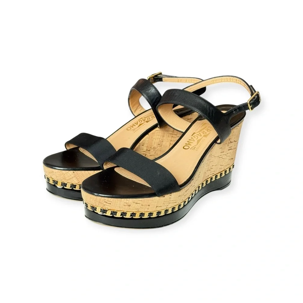 Salvatore Ferragamo ꔘ Mollie Chain Platform Wedge Sandals ꔘ Black Leather ꔘ 9.5B